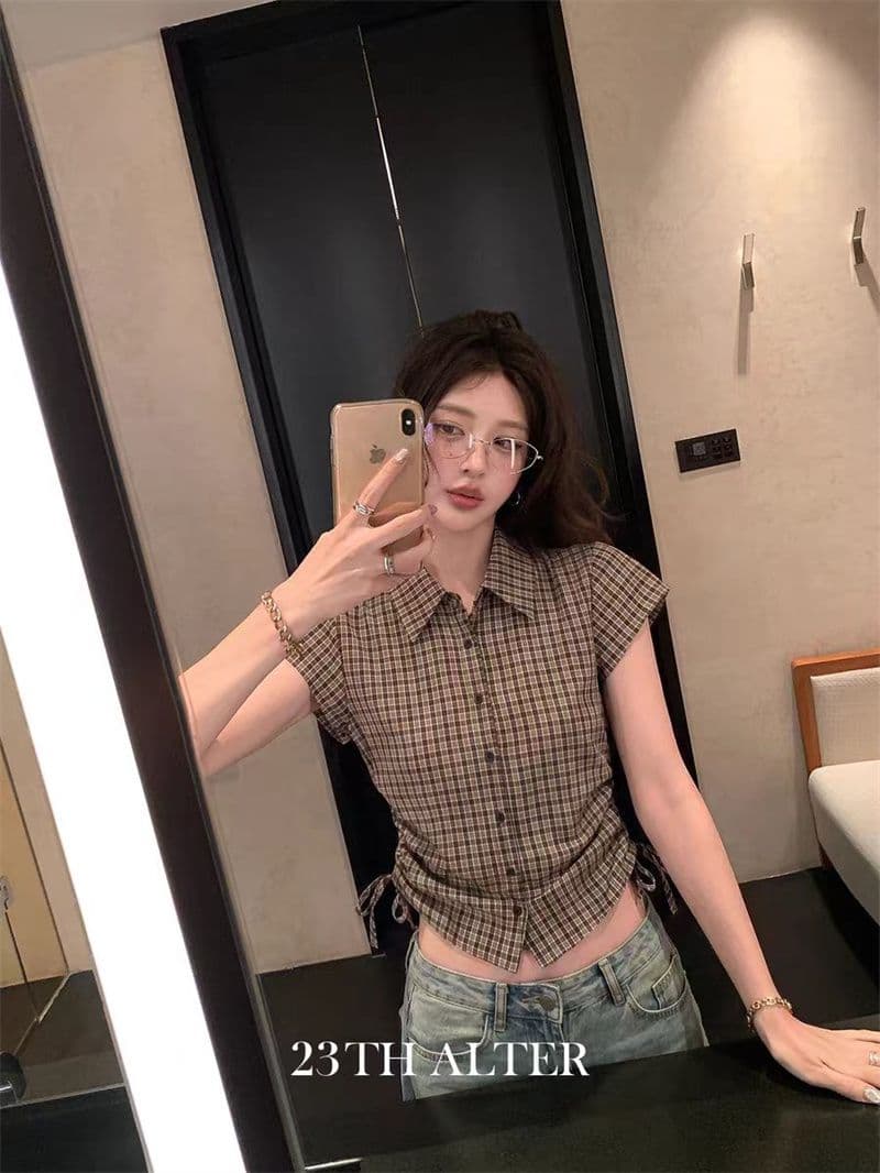 원본 1 1 품질 커피 색상 체크무늬 반팔 셔츠 몸매 가꾸기 슬림해 보이는 허리 수축 셔츠 작은 맨위 이미지 2