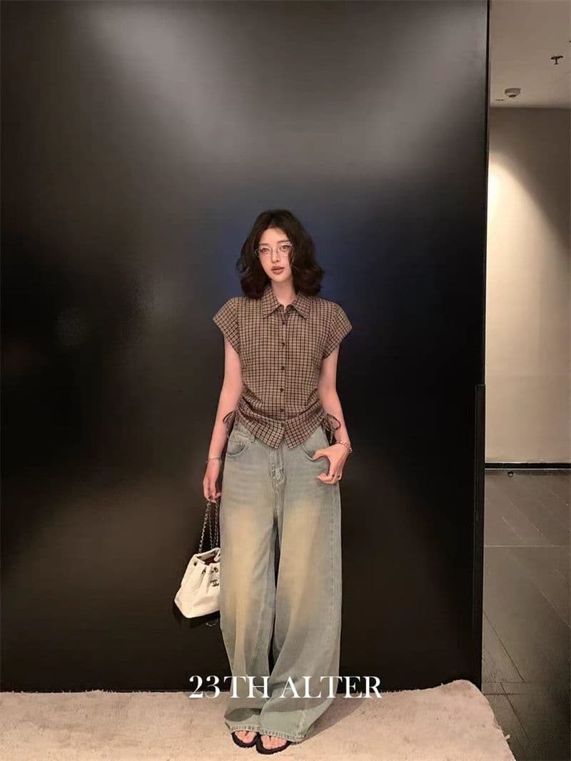 원본 1 1 품질 커피 색상 체크무늬 반팔 셔츠 몸매 가꾸기 슬림해 보이는 허리 수축 셔츠 작은 맨위 상세 이미지 5