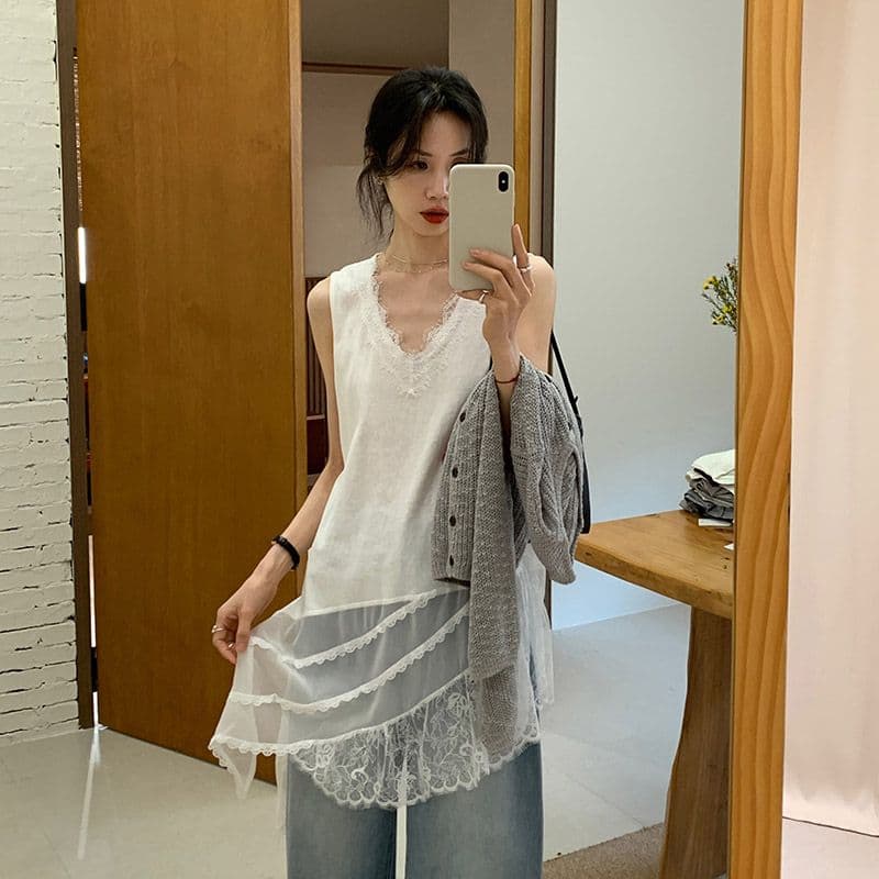 눈꽃 면 여름 외출용 패치워크 V넥 불규칙 티셔츠 길다 조끼 여성 스택 착용 민소매 맨위 이미지 2