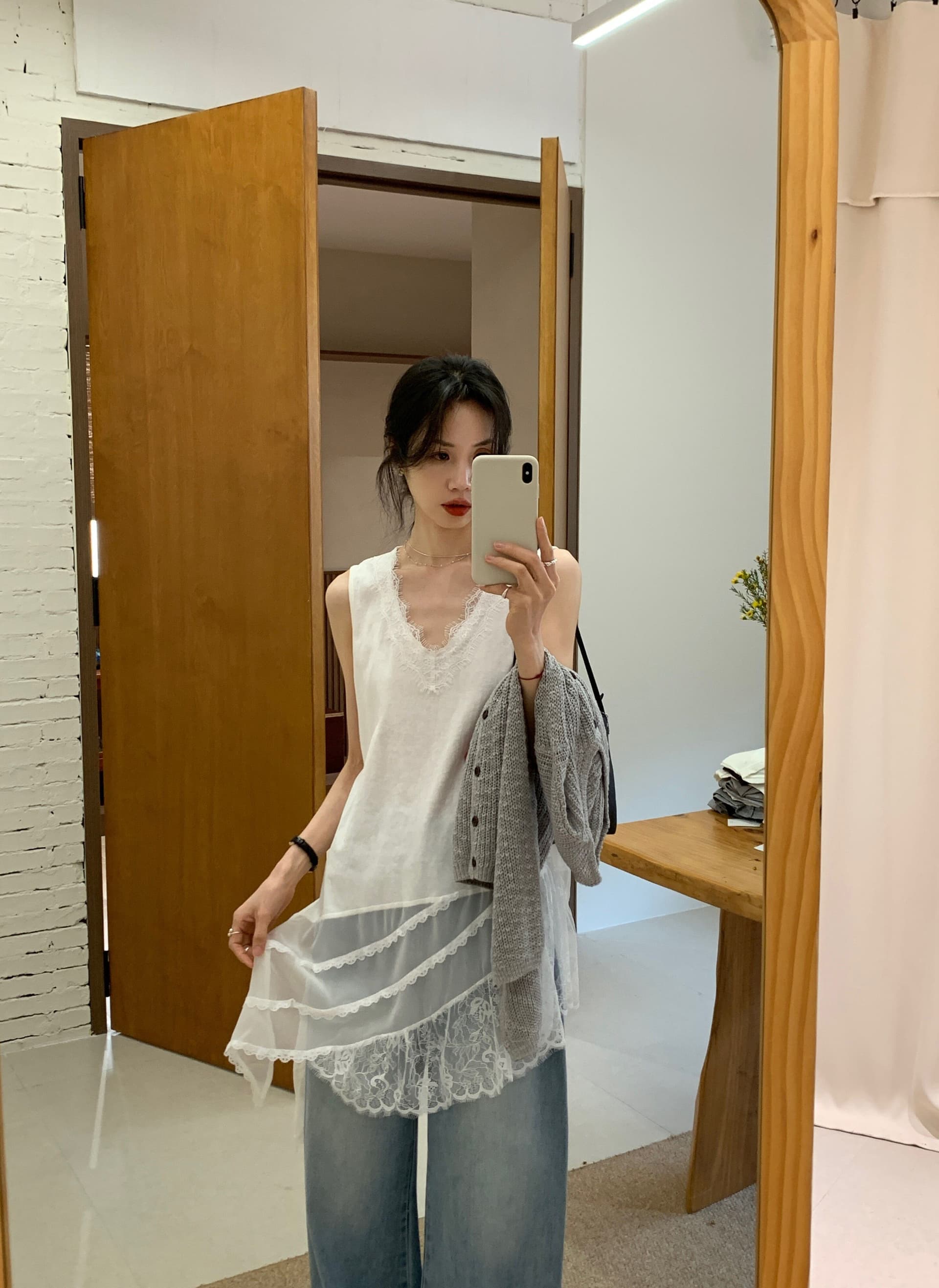 눈꽃 면 여름 외출용 패치워크 V넥 불규칙 티셔츠 길다 조끼 여성 스택 착용 민소매 맨위 상세 이미지 6