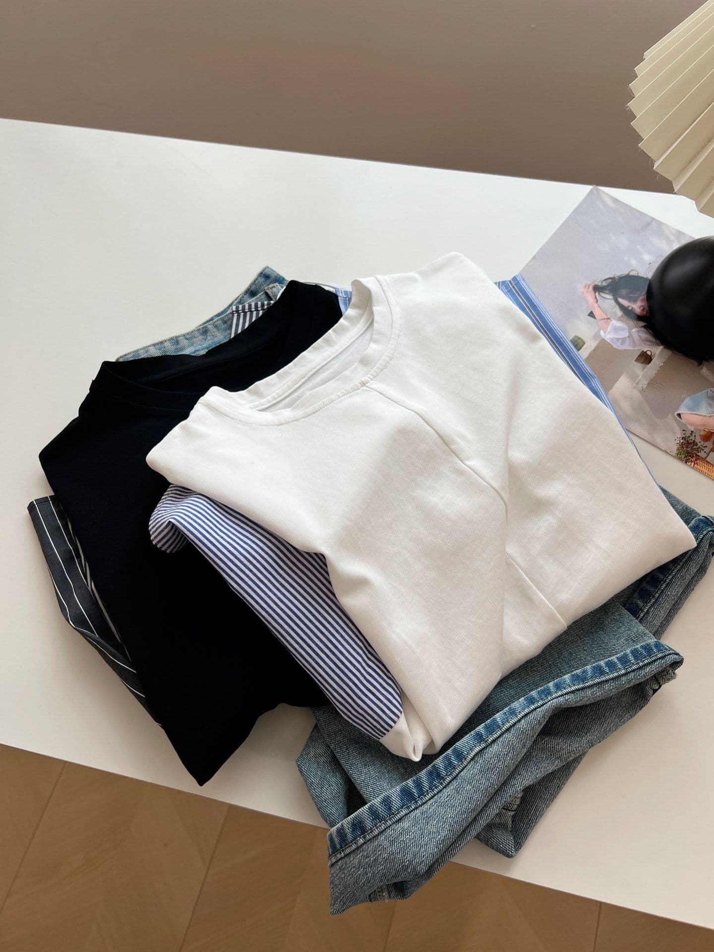 21 순면 빅 사이즈 300 근 착용 가져 가라. 한국 스타일 디자인 센스 패치워크 라운드 넥 반팔 티셔츠 여성 루즈핏 맨위 여름 이미지 4