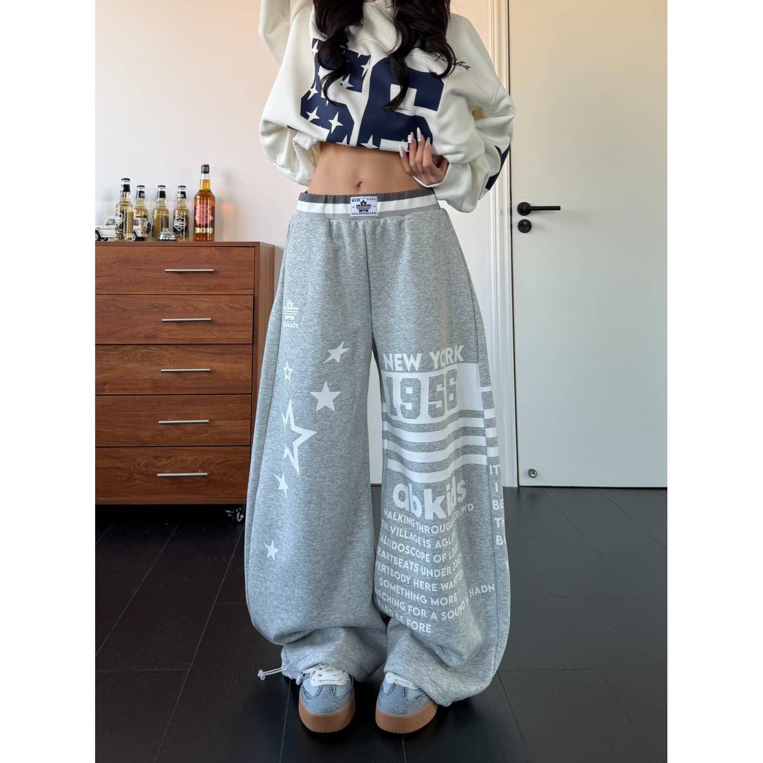 아메리칸 레트로 숫자 알파벳 오각형 별 프린트 더블 허리 머리 캐주얼 바지 남녀 루즈핏 스트리트 댄스 넓은 다리 길이 바지 트렌디 이미지 3
