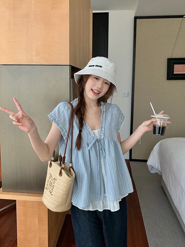 우 77 루즈핏 한국 스타일 페이크 레이어드 반팔 파란색 인형 셔츠 V 넥 셔츠 프릴 레이스업 디자인 센스 맨위 상세 이미지 3