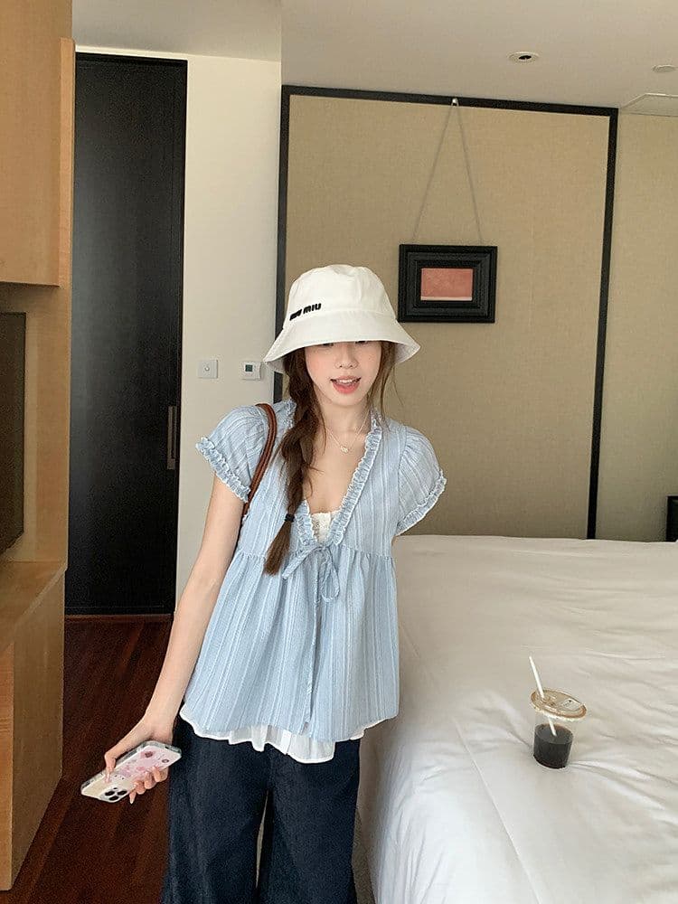 우 77 루즈핏 한국 스타일 페이크 레이어드 반팔 파란색 인형 셔츠 V 넥 셔츠 프릴 레이스업 디자인 센스 맨위 상세 이미지 4