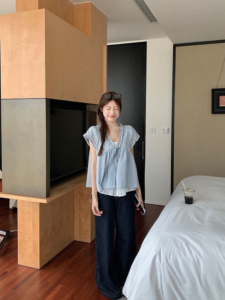 우 77 루즈핏 한국 스타일 페이크 레이어드 반팔 파란색 인형 셔츠 V 넥 셔츠 프릴 레이스업 디자인 센스 맨위 상세 이미지 5