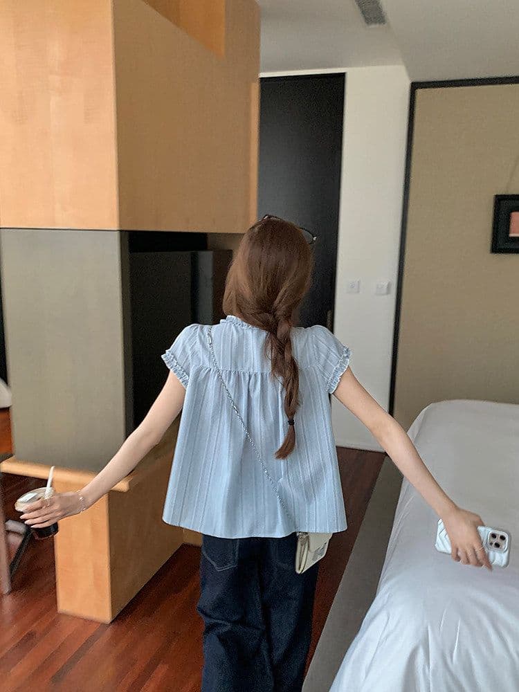 우 77 루즈핏 한국 스타일 페이크 레이어드 반팔 파란색 인형 셔츠 V 넥 셔츠 프릴 레이스업 디자인 센스 맨위 상세 이미지 8