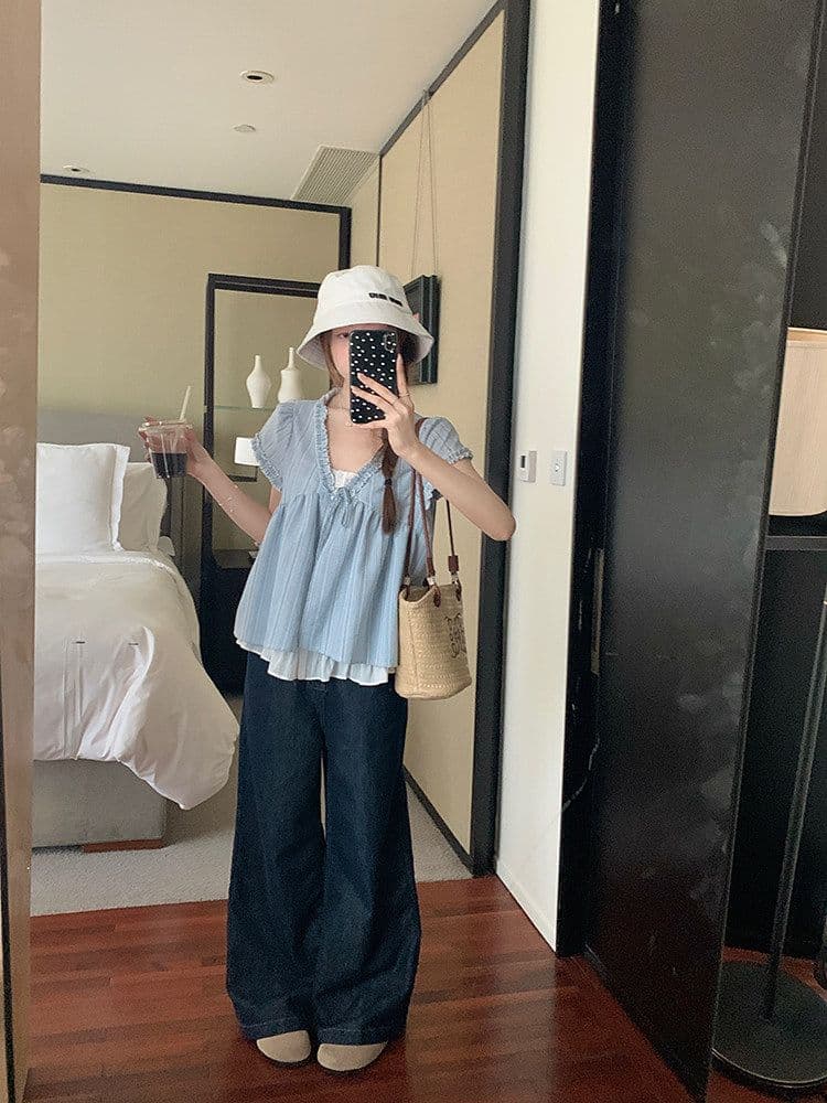 우 77 루즈핏 한국 스타일 페이크 레이어드 반팔 파란색 인형 셔츠 V 넥 셔츠 프릴 레이스업 디자인 센스 맨위 상세 이미지 10