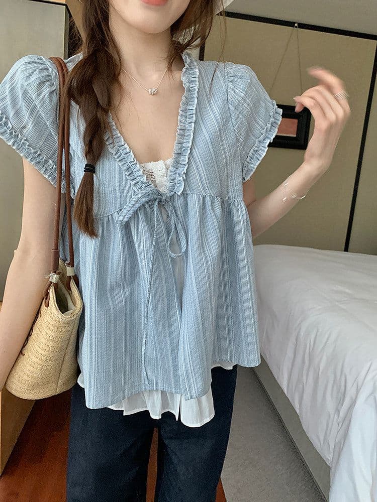 우 77 루즈핏 한국 스타일 페이크 레이어드 반팔 파란색 인형 셔츠 V 넥 셔츠 프릴 레이스업 디자인 센스 맨위 상세 이미지 11
