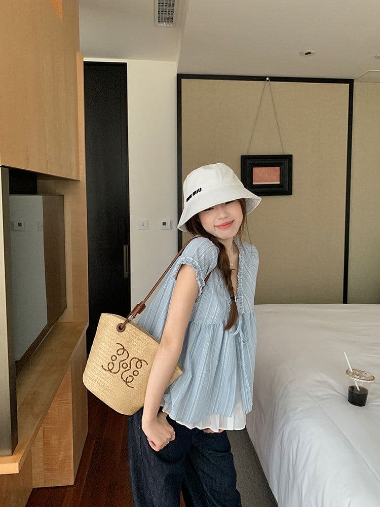 우 77 루즈핏 한국 스타일 페이크 레이어드 반팔 파란색 인형 셔츠 V 넥 셔츠 프릴 레이스업 디자인 센스 맨위 상세 이미지 12