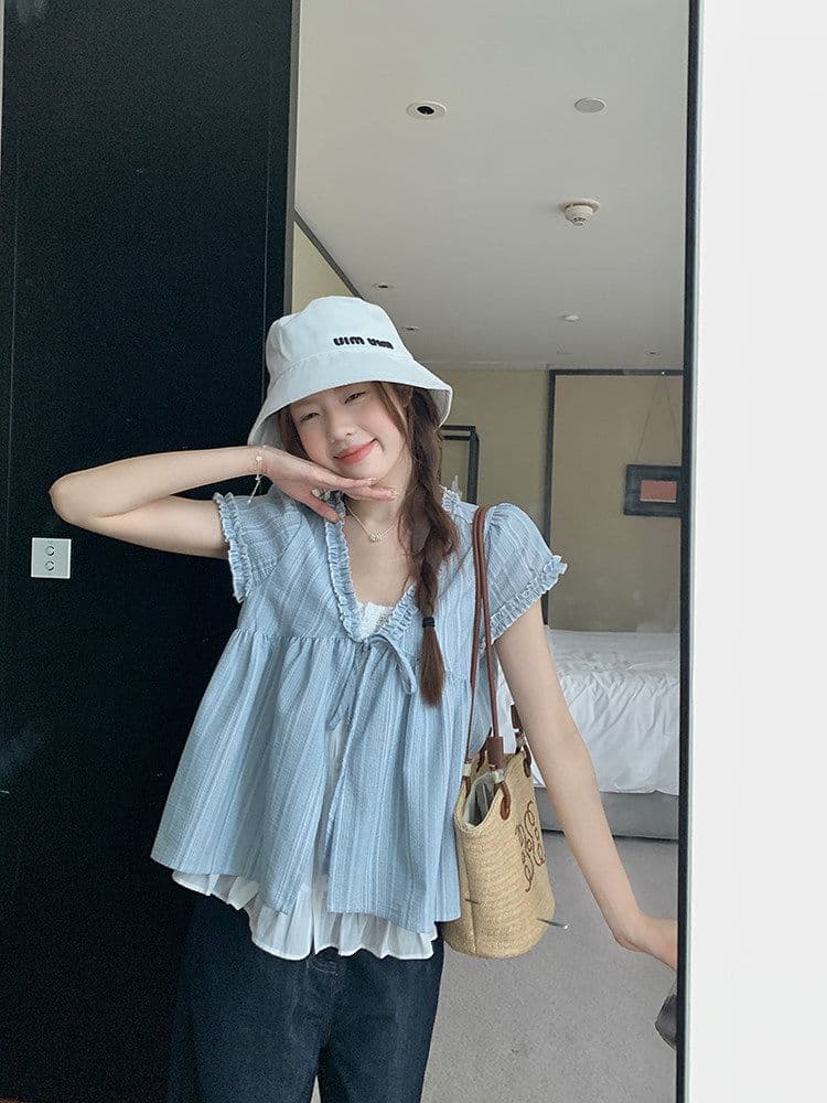 우 77 루즈핏 한국 스타일 페이크 레이어드 반팔 파란색 인형 셔츠 V 넥 셔츠 프릴 레이스업 디자인 센스 맨위 상세 이미지 13