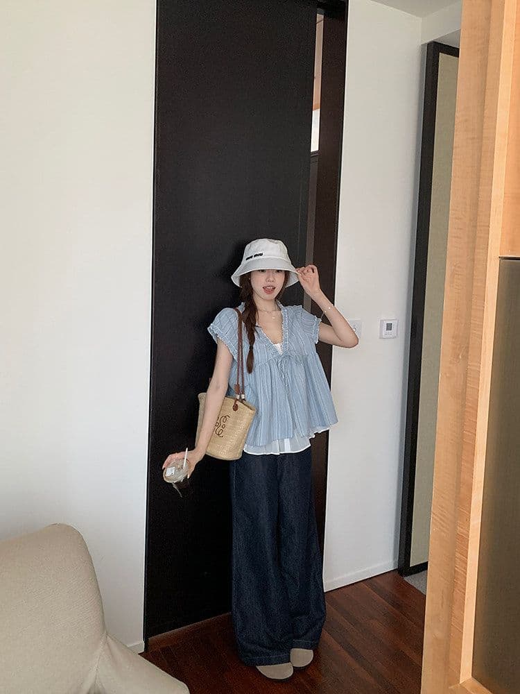 우 77 루즈핏 한국 스타일 페이크 레이어드 반팔 파란색 인형 셔츠 V 넥 셔츠 프릴 레이스업 디자인 센스 맨위 상세 이미지 16