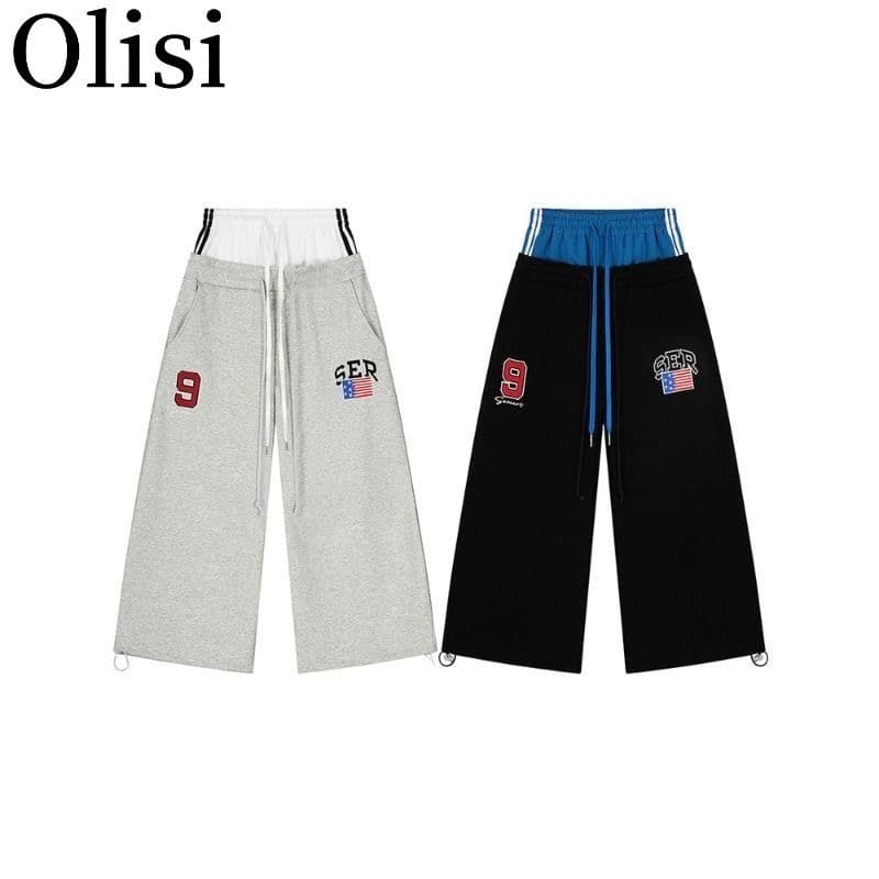 레트로 패치워크 더블 허리 머리 페이크 레이어드 넓은 다리 루즈핏 웨이 바지 여성 작은 대중 거리 디자인 센스 캐주얼 바지 상세 이미지 4