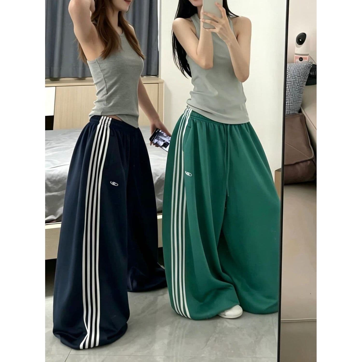 도루 센스 실크 미끄러짐 측면 네 바 아메리칸 와이드 레그 팬츠 소나무 펌프 로프 루즈핏 긴 바지 이미지 2
