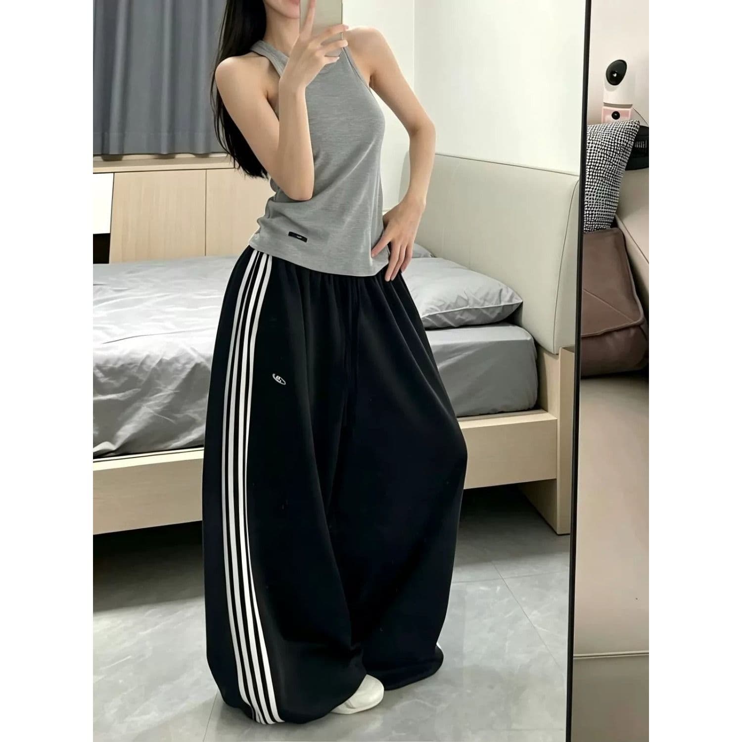 도루 센스 실크 미끄러짐 측면 네 바 아메리칸 와이드 레그 팬츠 소나무 펌프 로프 루즈핏 긴 바지