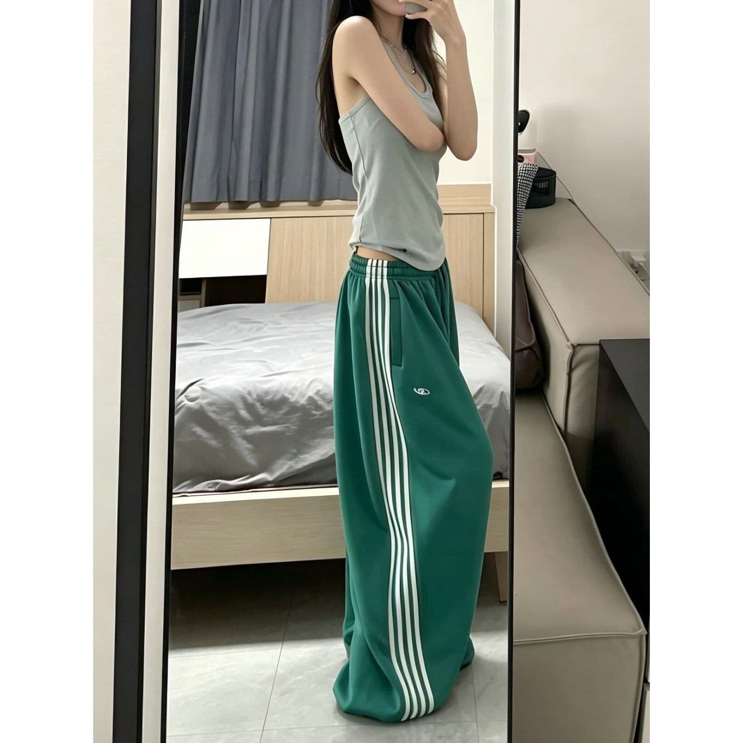 도루 센스 실크 미끄러짐 측면 네 바 아메리칸 와이드 레그 팬츠 소나무 펌프 로프 루즈핏 긴 바지 이미지 4