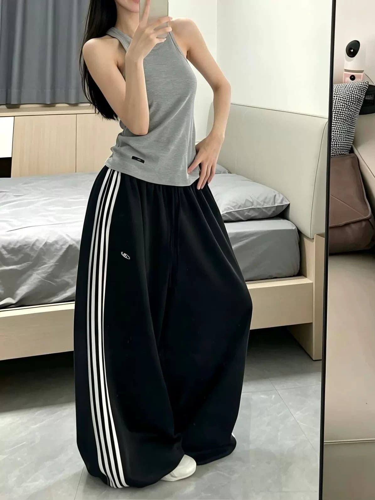 도루 센스 실크 미끄러짐 측면 네 바 아메리칸 와이드 레그 팬츠 소나무 펌프 로프 루즈핏 긴 바지 상세 이미지 2