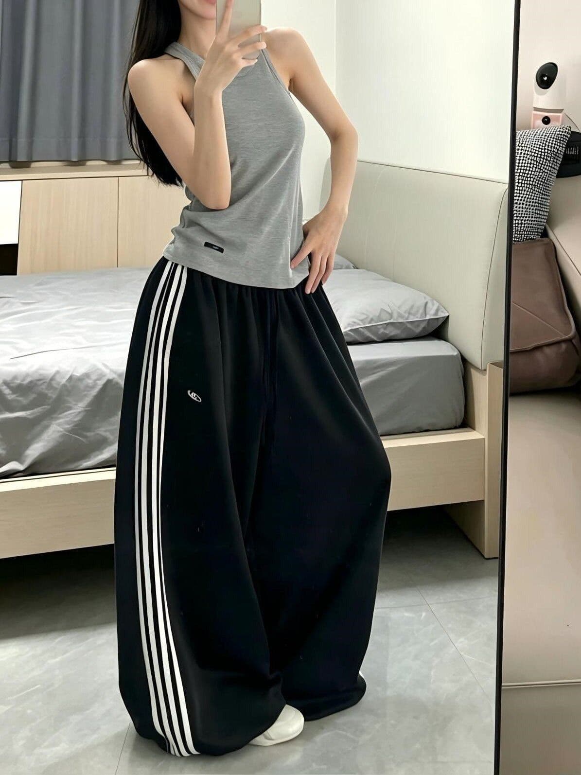 도루 센스 실크 미끄러짐 측면 네 바 아메리칸 와이드 레그 팬츠 소나무 펌프 로프 루즈핏 긴 바지 상세 이미지 4