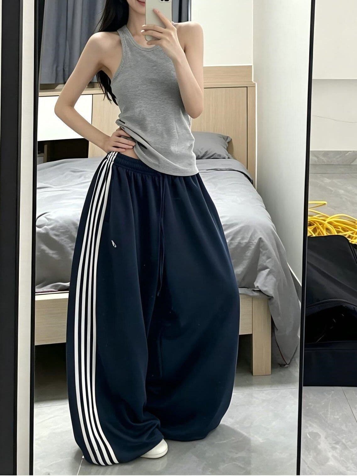 도루 센스 실크 미끄러짐 측면 네 바 아메리칸 와이드 레그 팬츠 소나무 펌프 로프 루즈핏 긴 바지 상세 이미지 5