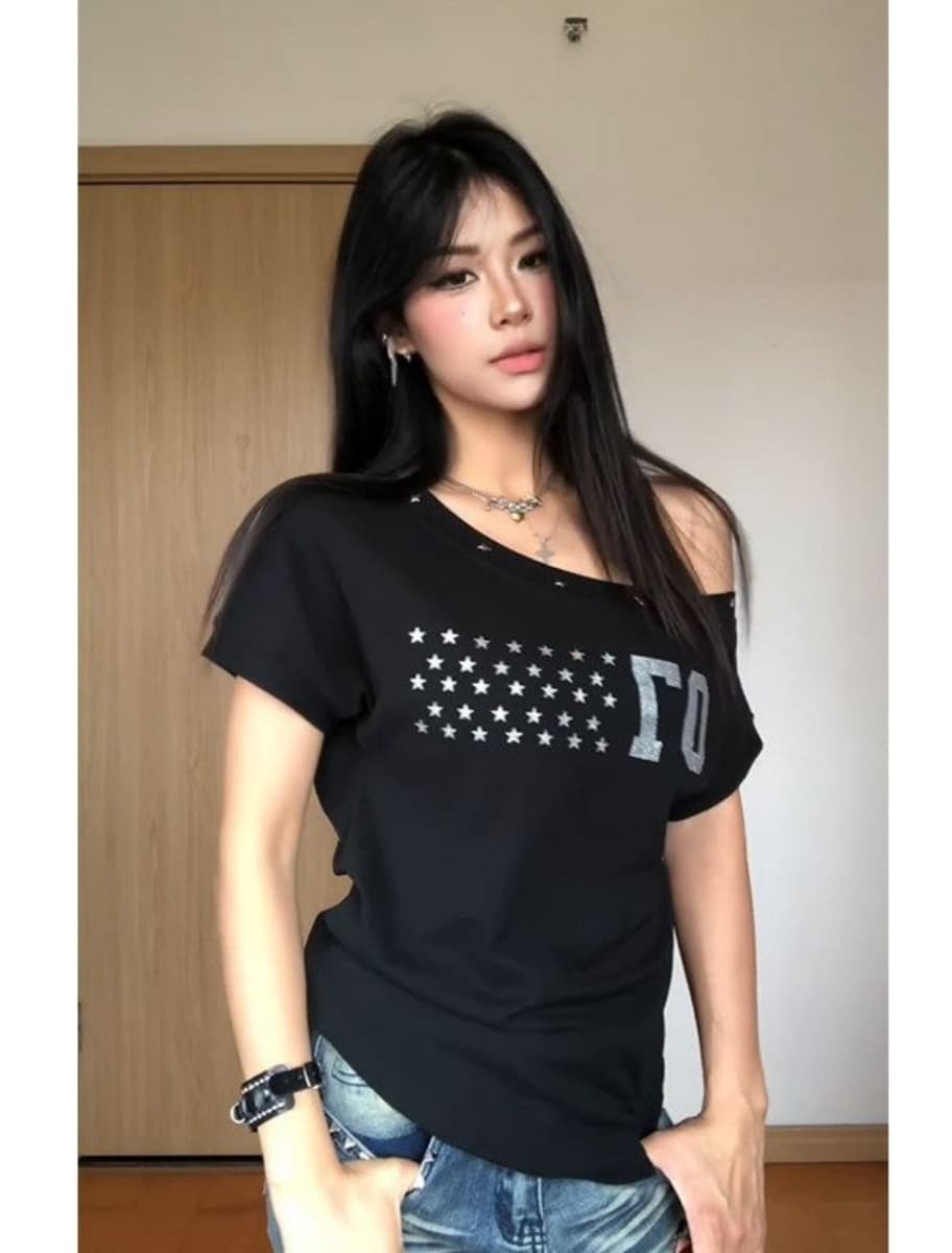 40 순면 210 그램 아메리칸 새로운 여름 별 프린트 비스듬한 어깨 반팔 티셔츠 여성 여름 디자인 맨위 여성 이미지 2