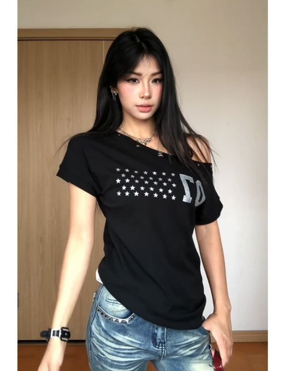 40 순면 210 그램 아메리칸 새로운 여름 별 프린트 비스듬한 어깨 반팔 티셔츠 여성 여름 디자인 맨위 여성 상세 이미지 1