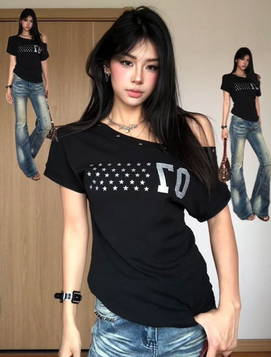 40 순면 210 그램 아메리칸 새로운 여름 별 프린트 비스듬한 어깨 반팔 티셔츠 여성 여름 디자인 맨위 여성 상세 이미지 2
