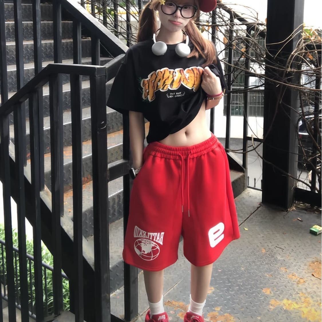 자수 프린트 주머니 후아 면 복합 반바지 여성 이미지 5