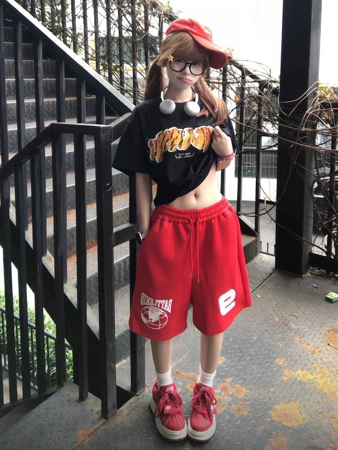 자수 프린트 주머니 후아 면 복합 반바지 여성 상세 이미지 2