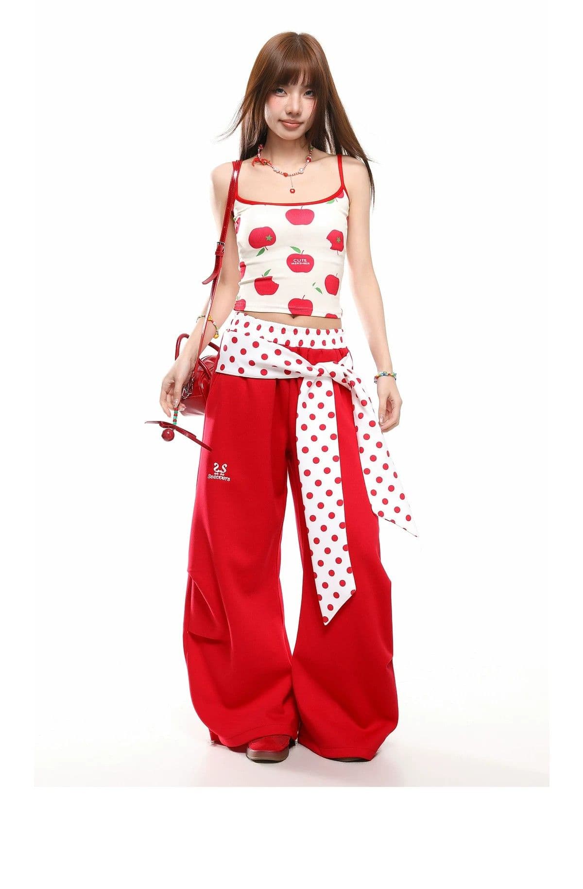 아메리칸 패치워크 배색 도트 무늬 스트랩 스택 착용 모통이 칼 웨이 바지 여성 재즈 댄스 루즈핏 와이드 레그 팬츠 상세 이미지 10