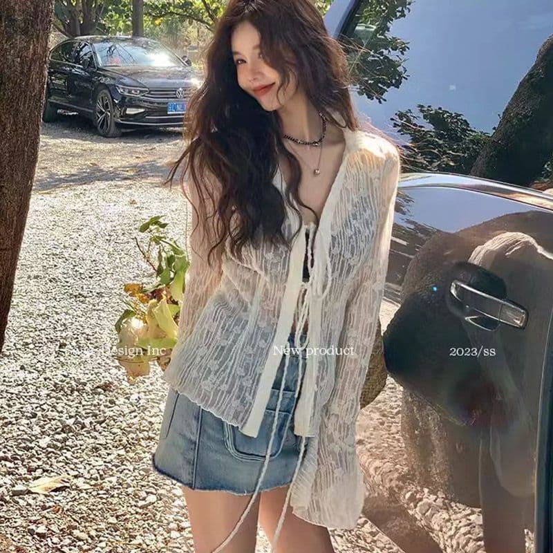 자외선 차단 의류 여성 여름 새로운 자카드 홀로우 아웃 나팔 소매 달콤한 핫걸 오픈 가디건 풍속 건조한 에어컨 셔츠 이미지 4