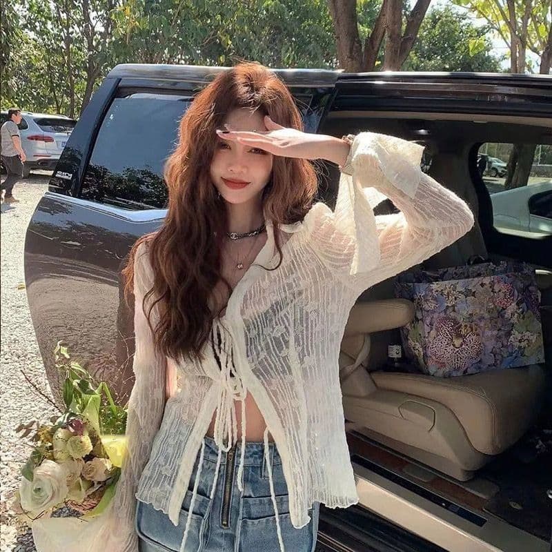 자외선 차단 의류 여성 여름 새로운 자카드 홀로우 아웃 나팔 소매 달콤한 핫걸 오픈 가디건 풍속 건조한 에어컨 셔츠 상세 이미지 2