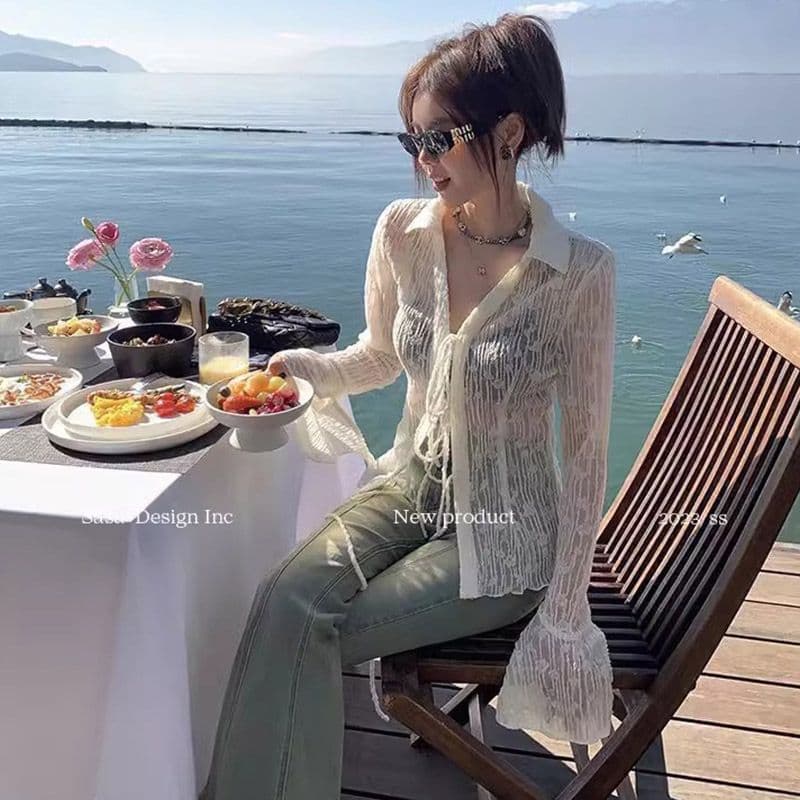 자외선 차단 의류 여성 여름 새로운 자카드 홀로우 아웃 나팔 소매 달콤한 핫걸 오픈 가디건 풍속 건조한 에어컨 셔츠 상세 이미지 4