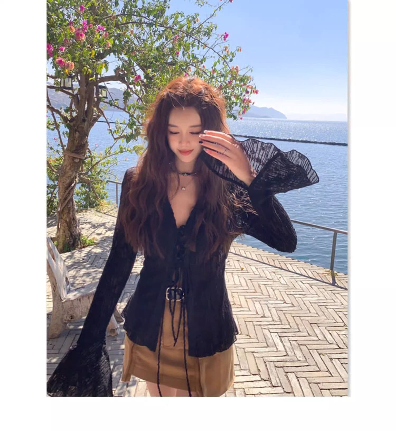 자외선 차단 의류 여성 여름 새로운 자카드 홀로우 아웃 나팔 소매 달콤한 핫걸 오픈 가디건 풍속 건조한 에어컨 셔츠 상세 이미지 9