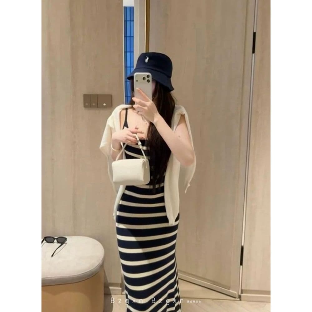 원본 리브 면 컬러 짜임 스트라이프 슬립 여성 드레스 몸매 가꾸기 키 큰 남자 타이트 스커트 휴가 바람 길다 치마 이미지 2