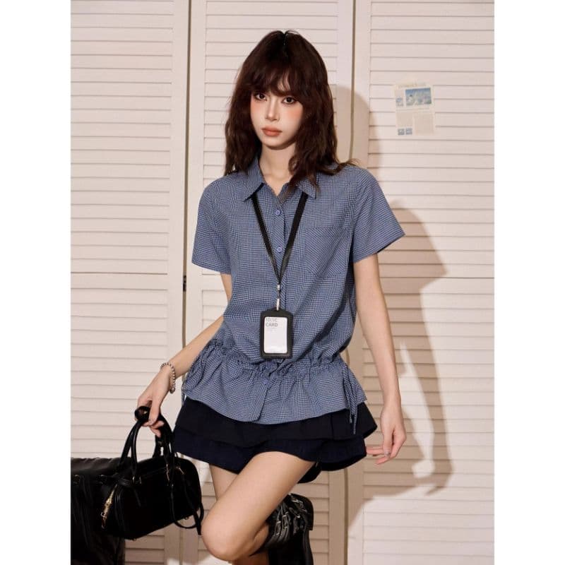 아메리칸 핫걸 파란색 체크무늬 긍정적 인 어깨 반팔 여성 셔츠 여름 몸매 가꾸기 허리 수축 디자인 센스 쇼트 스타일 셔츠 맨위 상세 이미지 3