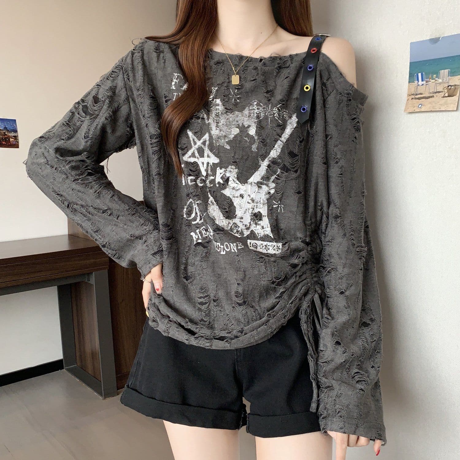 프랑스식 찢어진 부분 Chic 오프숄더 긴팔 티셔츠 여성 2025 이른 가을 빅 사이즈 지방 mm 불규칙 펌프 로프 작은 셔츠 맨위 상세 이미지 6