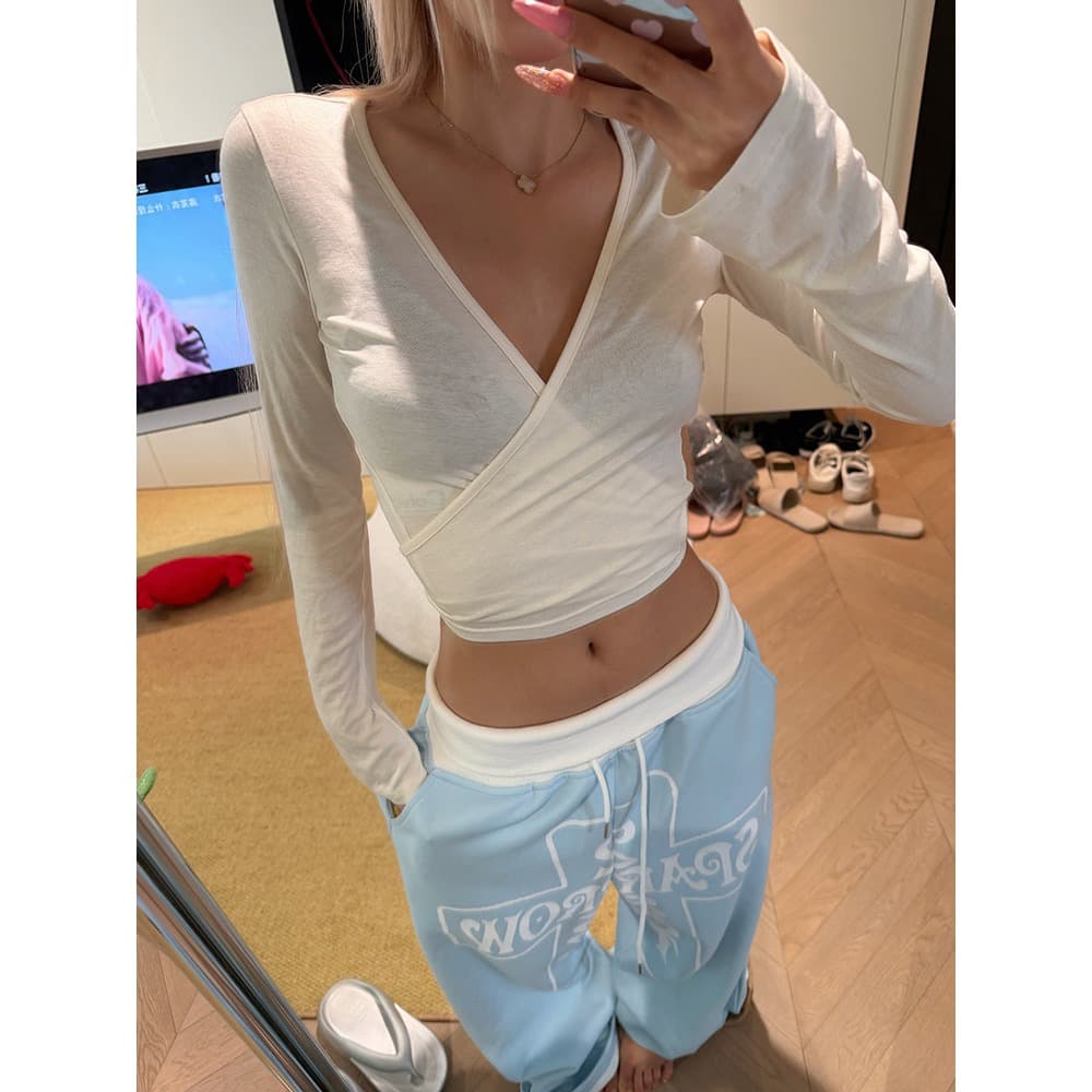 아메리칸 알파벳 십자가 프린트 뒤집다 허리 디자인 센스 넓은 다리 웨이 바지 남녀 루즈핏 캐주얼 긴 바지 이미지 4