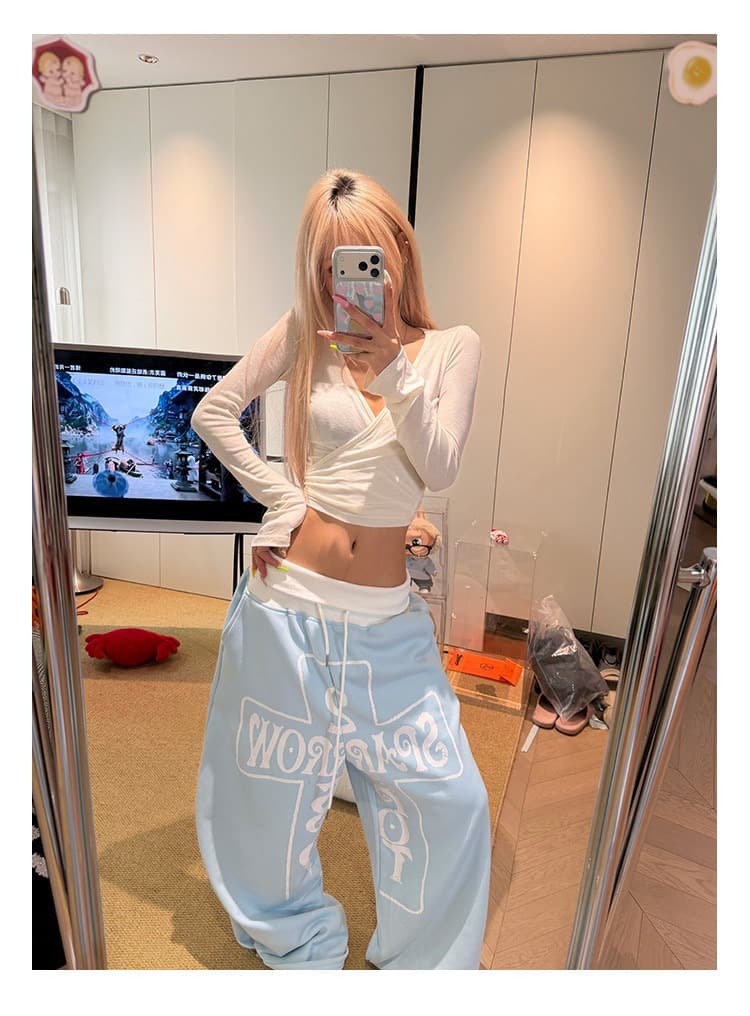 아메리칸 알파벳 십자가 프린트 뒤집다 허리 디자인 센스 넓은 다리 웨이 바지 남녀 루즈핏 캐주얼 긴 바지 상세 이미지 2