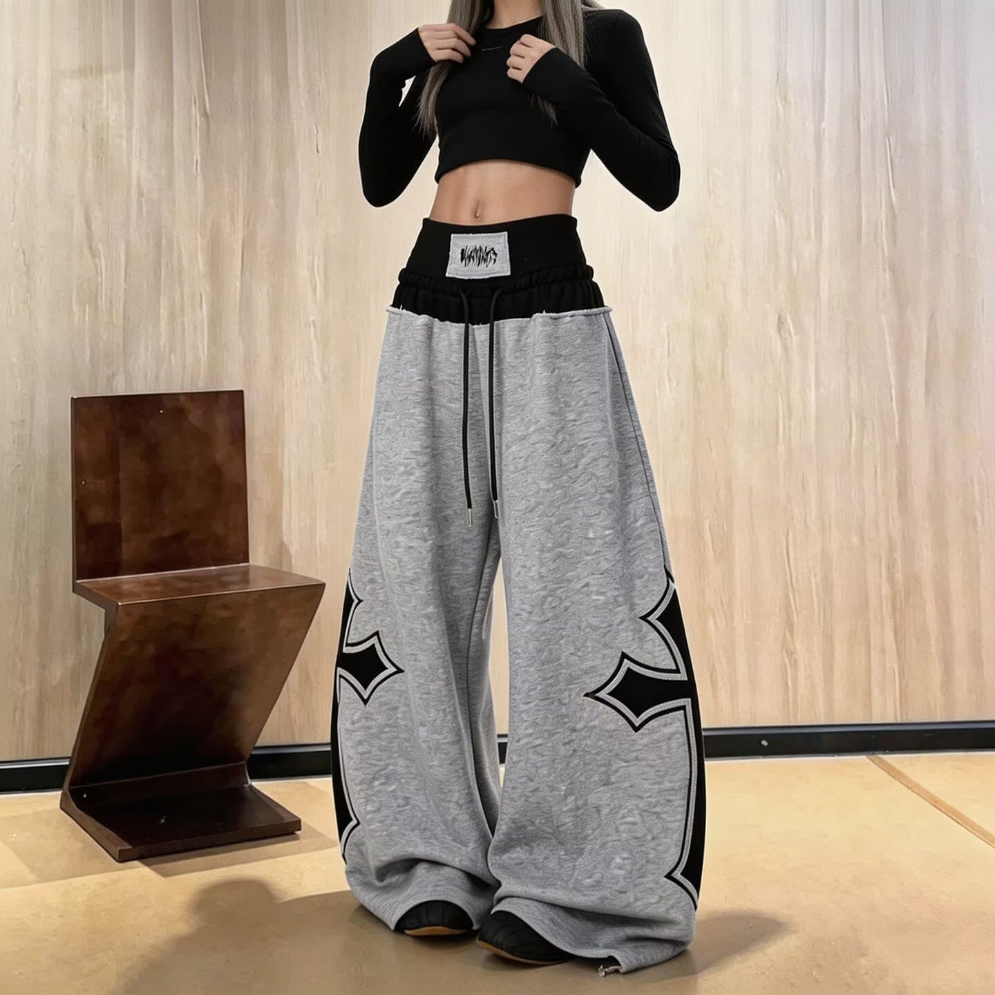 아메리칸 무거운 작업 십자가 자수 패치워크 운동 웨이 바지 여성 거리 디자인 센스 루즈핏 캐주얼 스트레이트 와이드 레그 팬츠 이미지 5