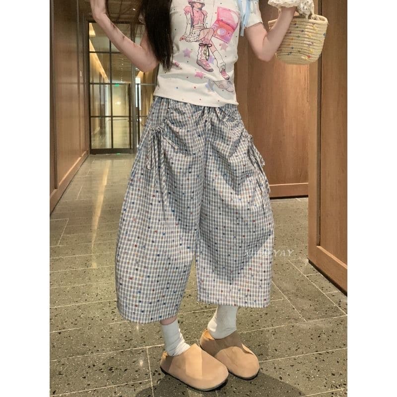 아메리칸 캐주얼 색상 도트 체크무늬 끈 캐주얼 7부 바지 여성 여름 새로운 루즈핏 스트레이트 속도 건조한 바지 상세 이미지 4