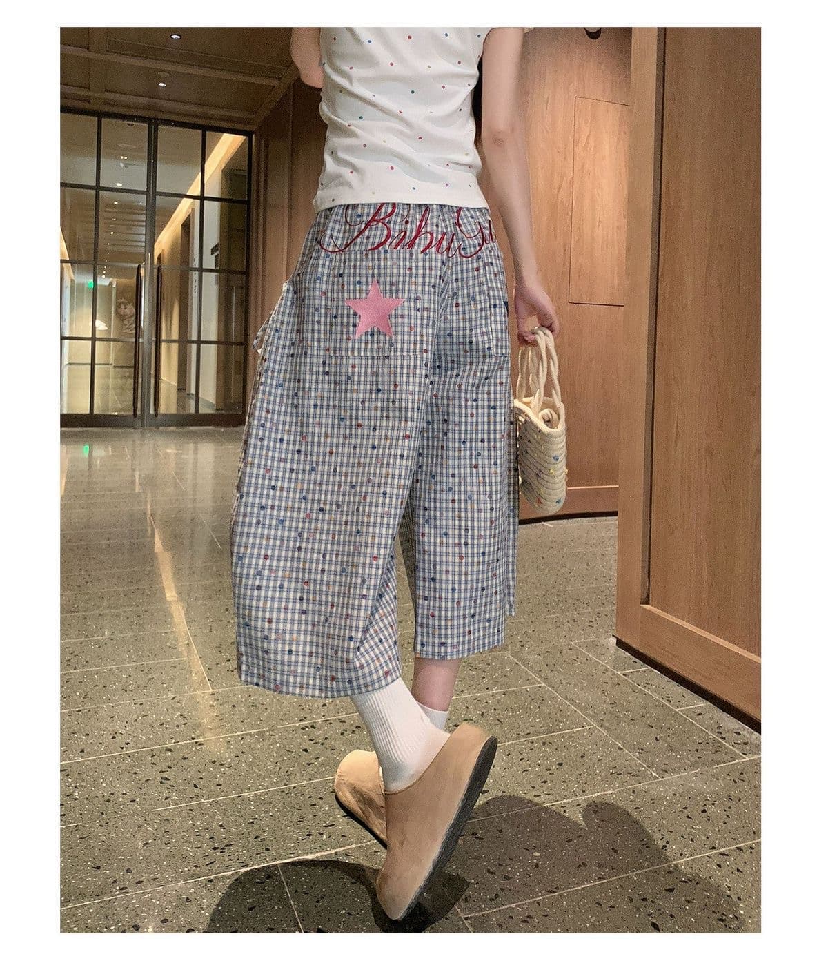 아메리칸 캐주얼 색상 도트 체크무늬 끈 캐주얼 7부 바지 여성 여름 새로운 루즈핏 스트레이트 속도 건조한 바지