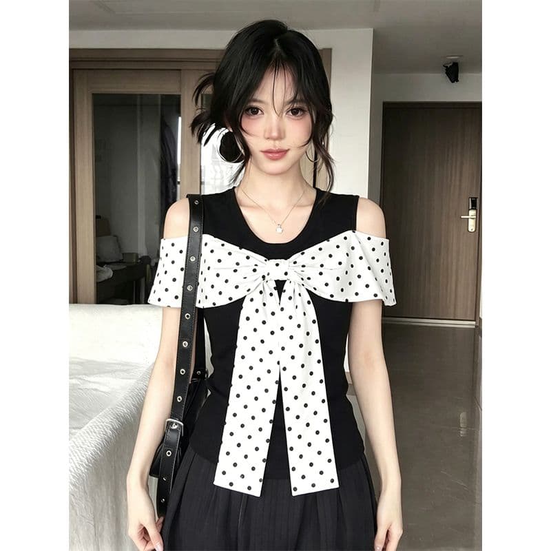 사람들 면 모달 검정색 도트 무늬 페이크 레이어드 반팔 티셔츠 여성 여름 새로운 몸매 가꾸기 슬림해 보이는 나비 매듭 맨위 상세 이미지 1