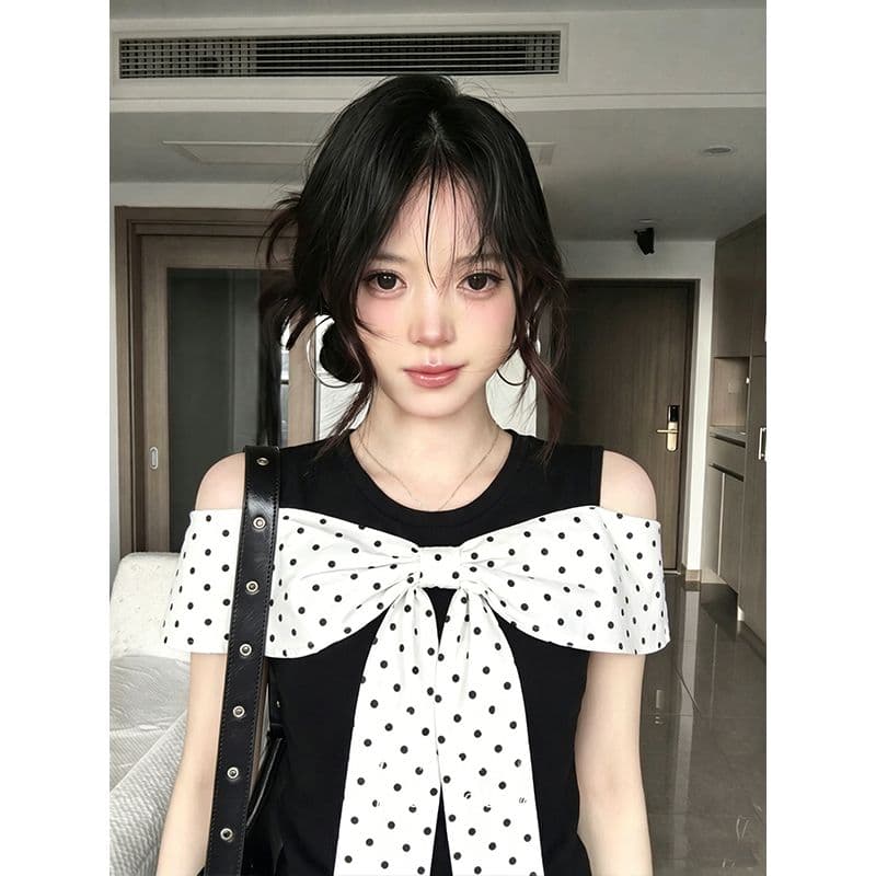 사람들 면 모달 검정색 도트 무늬 페이크 레이어드 반팔 티셔츠 여성 여름 새로운 몸매 가꾸기 슬림해 보이는 나비 매듭 맨위 상세 이미지 4
