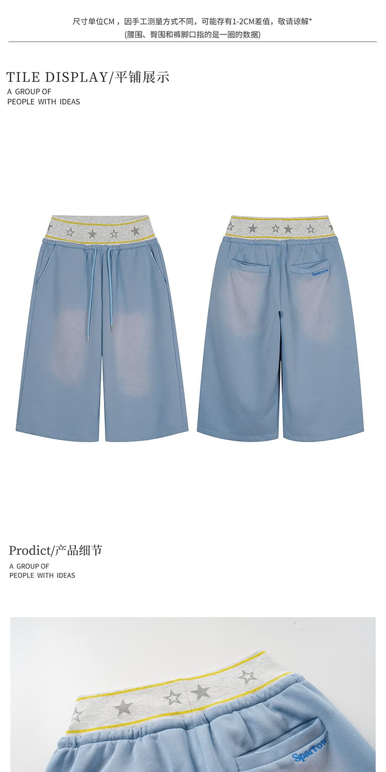 아메리칸 느긋한 패치워크 별 더블 허리 머리 마 오래된 7부 바지 여름 레트로 루즈핏 운동 바람 디자인 센스 바지 상세 이미지 2