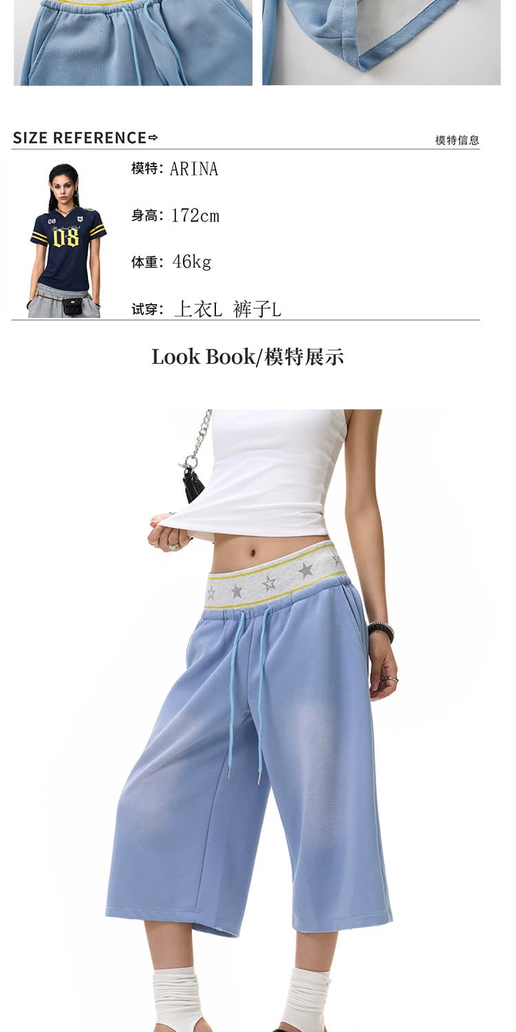 아메리칸 느긋한 패치워크 별 더블 허리 머리 마 오래된 7부 바지 여름 레트로 루즈핏 운동 바람 디자인 센스 바지 상세 이미지 4