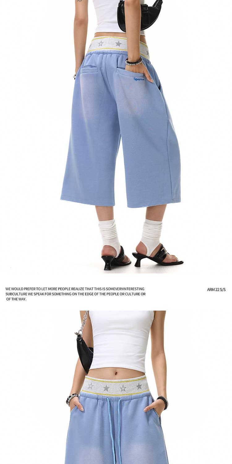 아메리칸 느긋한 패치워크 별 더블 허리 머리 마 오래된 7부 바지 여름 레트로 루즈핏 운동 바람 디자인 센스 바지 상세 이미지 6