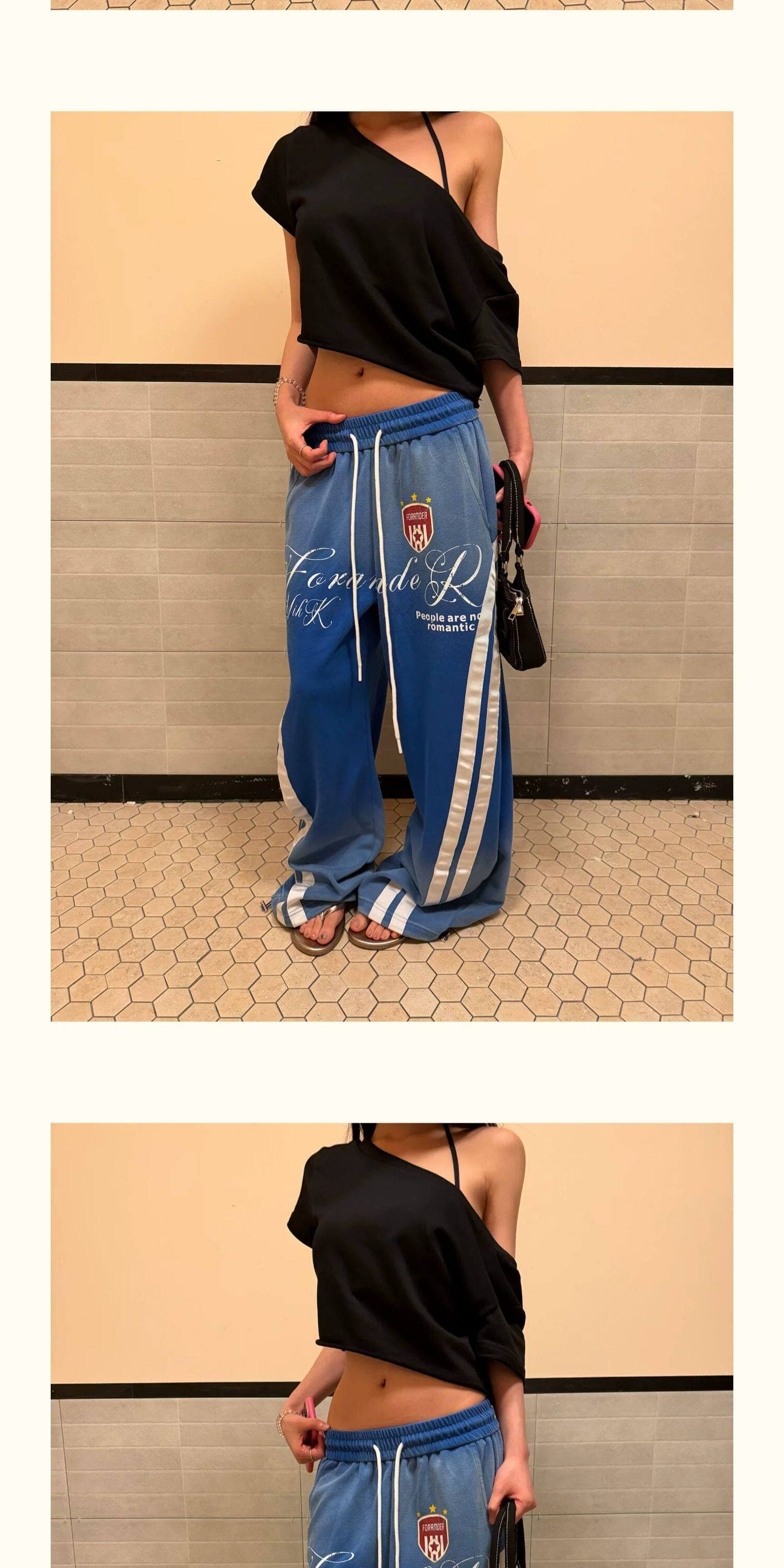 아메리칸 레트로 거리 알파벳 프린트 캐주얼 바지 여름 루즈핏 펌프 로프 넓은 다리 모통이 칼 바지 남녀 ins 상세 이미지 5