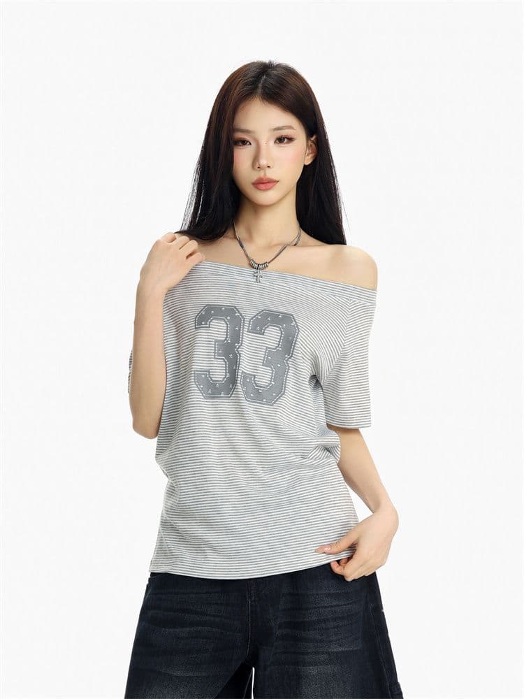 40 차가운 실크 코튼 여름 비스듬한 어깨 반팔 여성 숫자 프린트 오프숄더 티셔츠 아메리칸 핫걸 루즈핏 캐주얼 맨위 이미지 3