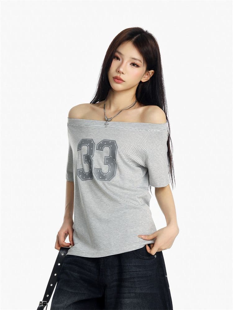 40 차가운 실크 코튼 여름 비스듬한 어깨 반팔 여성 숫자 프린트 오프숄더 티셔츠 아메리칸 핫걸 루즈핏 캐주얼 맨위 상세 이미지 2