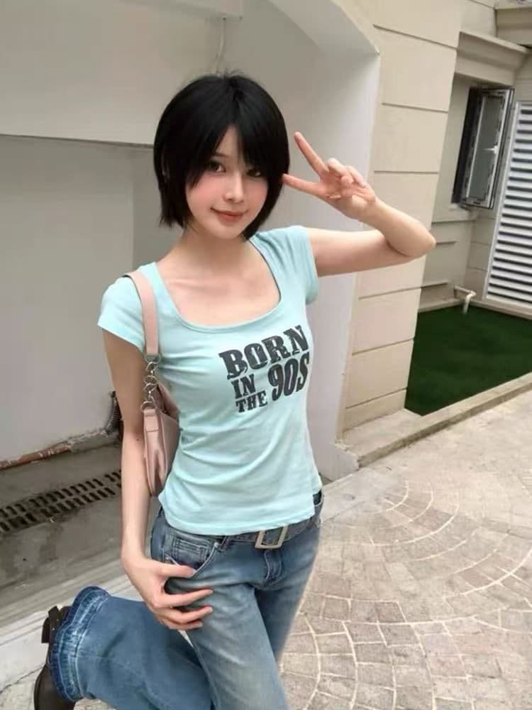 210 그램 40 순면 u 칼라 알파벳 반팔 티셔츠 여성 몸매 가꾸기 프린트 맨위 이미지 4