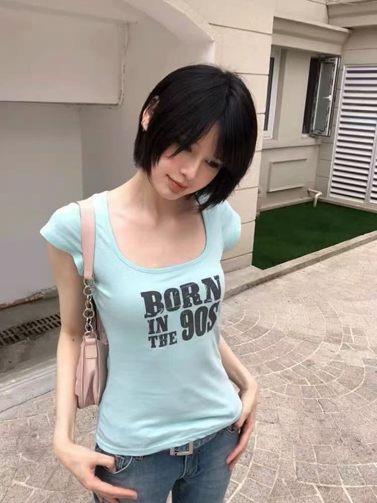 210 그램 40 순면 u 칼라 알파벳 반팔 티셔츠 여성 몸매 가꾸기 프린트 맨위 상세 이미지 2